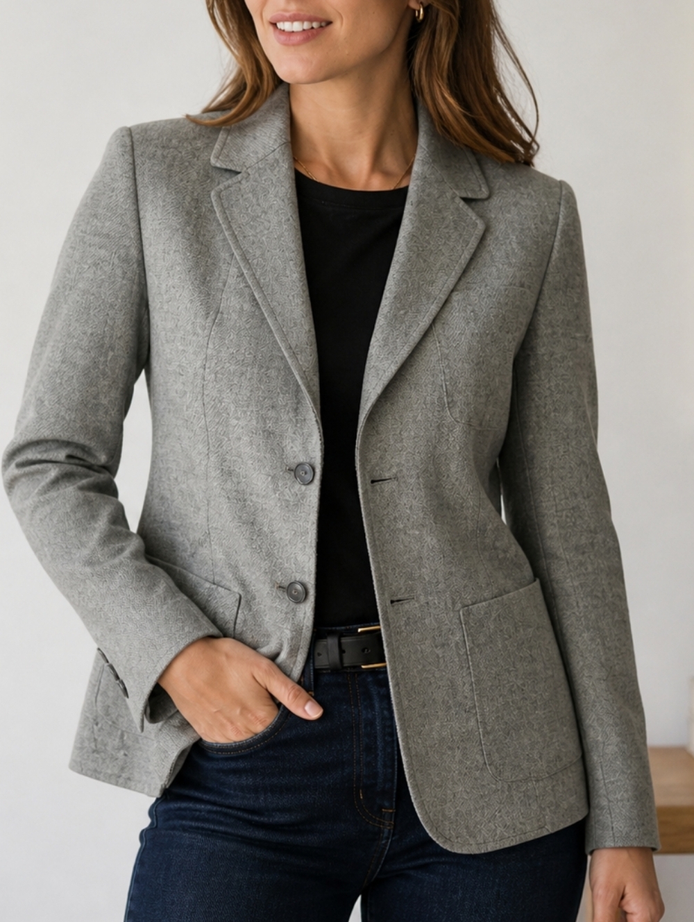 Wool Light Gray Tailored Notch-Lapel Blazer